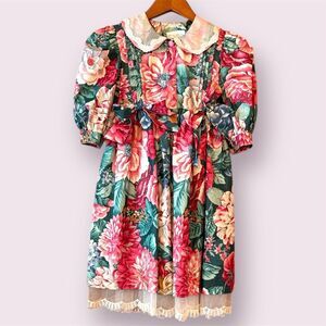 ANNE SAVOY Vintage 80s/90s Floral Cottagecore Dress Puff Sleeve Peter Pan Collar